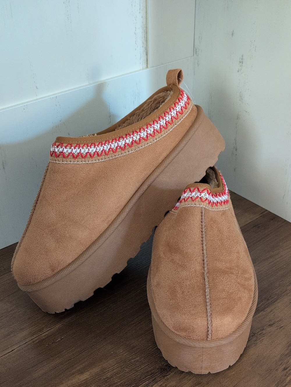 Avalanche Tan Suede Platform Slip-On Mules with Red Trim
